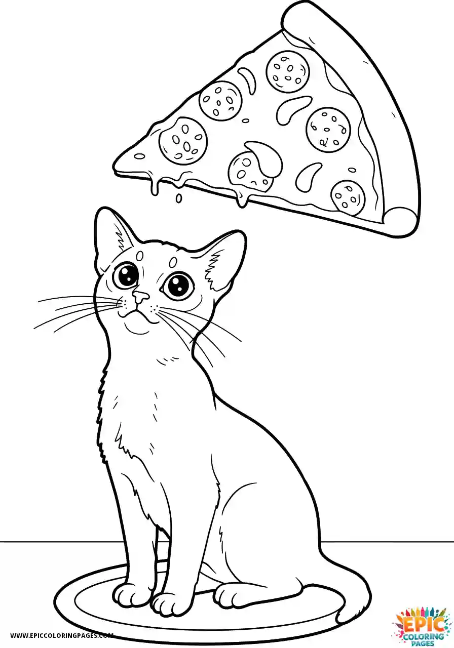 Abyssinian Cat Abyssinian cat cartoon looking at giant pizza