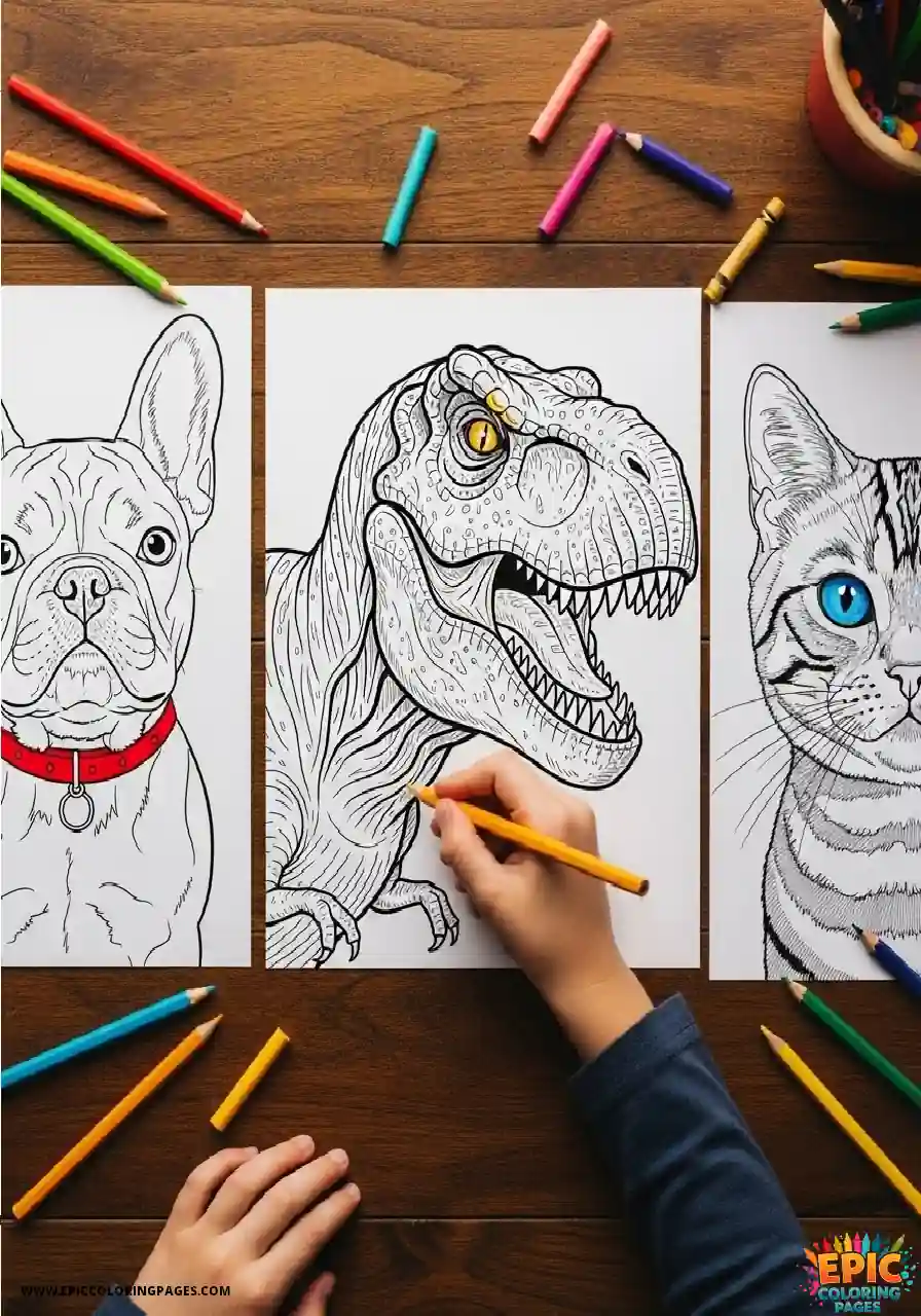 free printable animal coloring pages collection featuring dinosaur cat and dog with thick lines for easy coloring