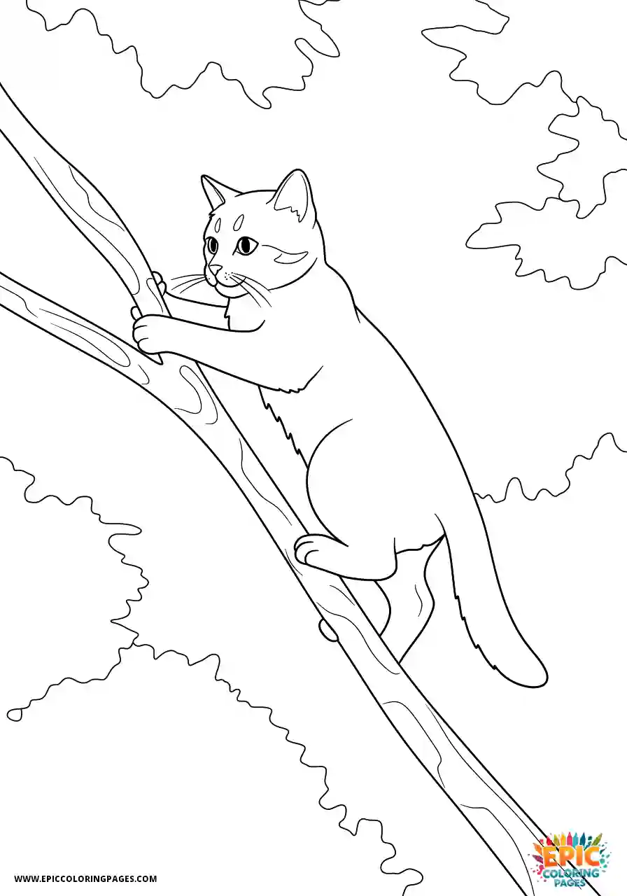 American Shorthair Cat Curious American shorthair cat in 3D animation style climbing a tall tree branch