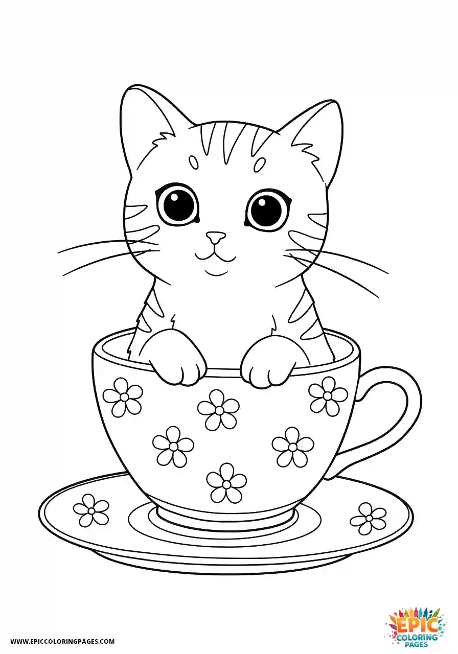 American Shorthair Cat Cute American shorthair cat in kawaii style sitting inside a teacup