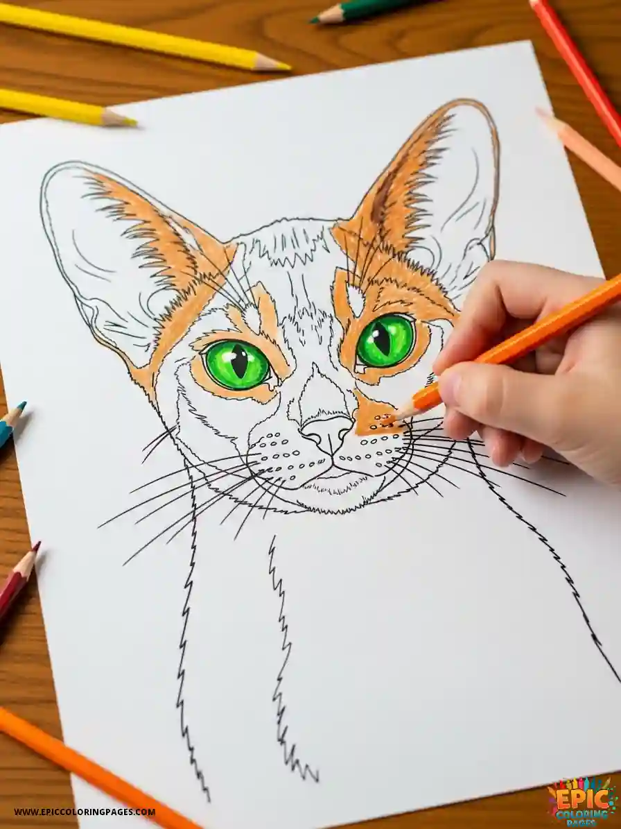 Free printable Abyssinian Cat coloring Pages featuring a playful kitten with thick lines