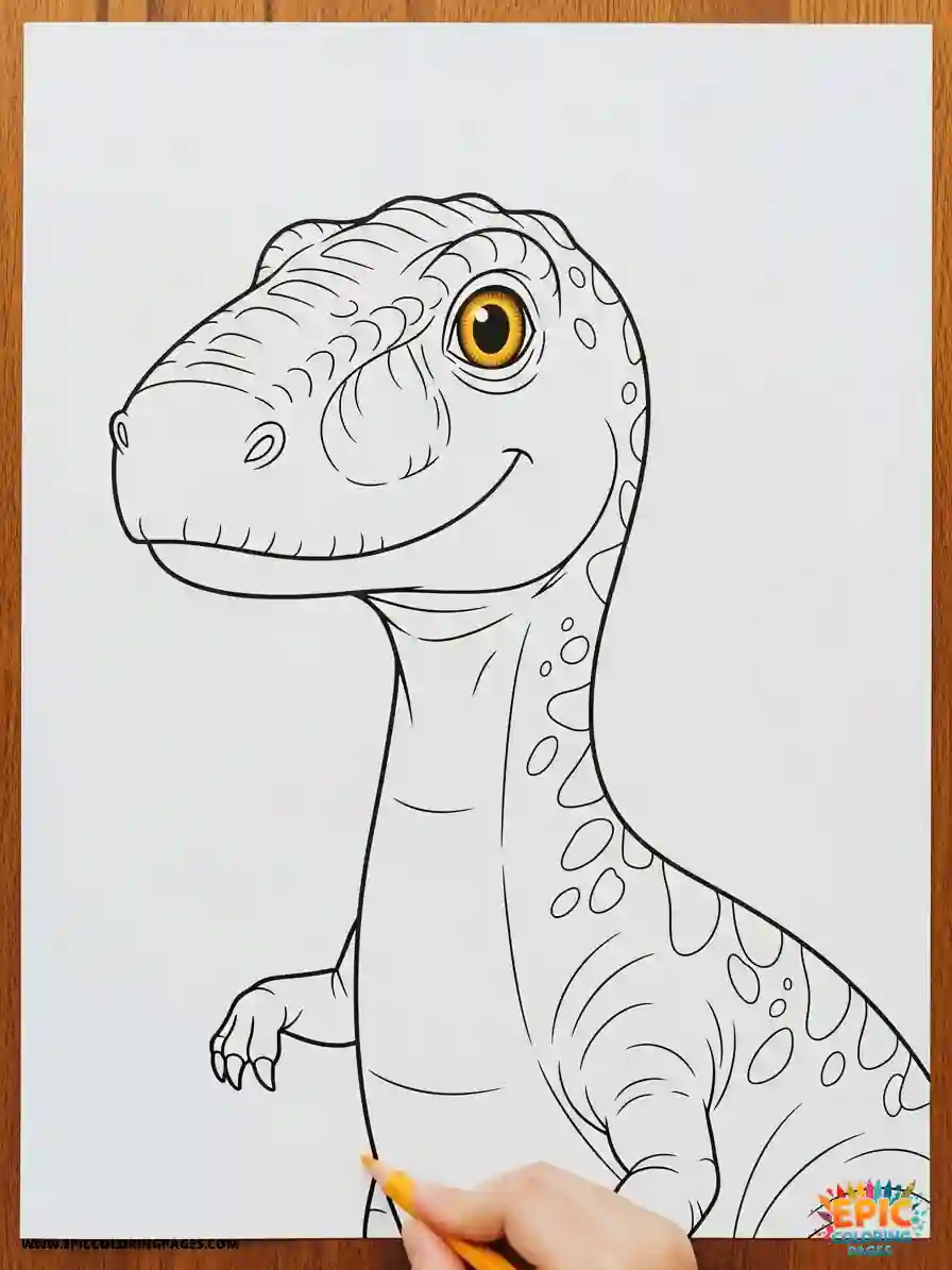 Free printable allosaurus dinosaur coloring Pages featuring a friendly Allosaurus with thick lines