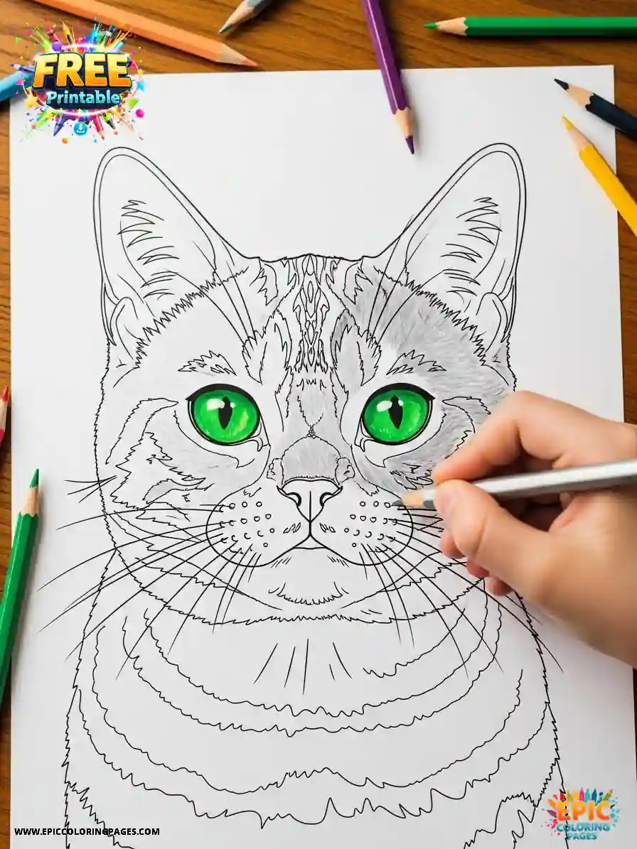 Free printable american shorthair cat coloring Pages featuring a silver tabby with thick lines
