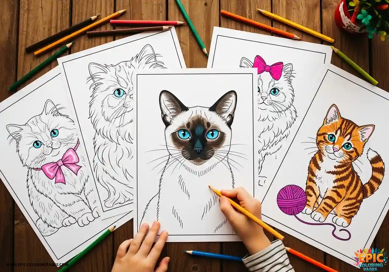 Free printable cat coloring pages collection featuring cute kittens and diverse breeds with thick lines for easy coloring on a wooden table