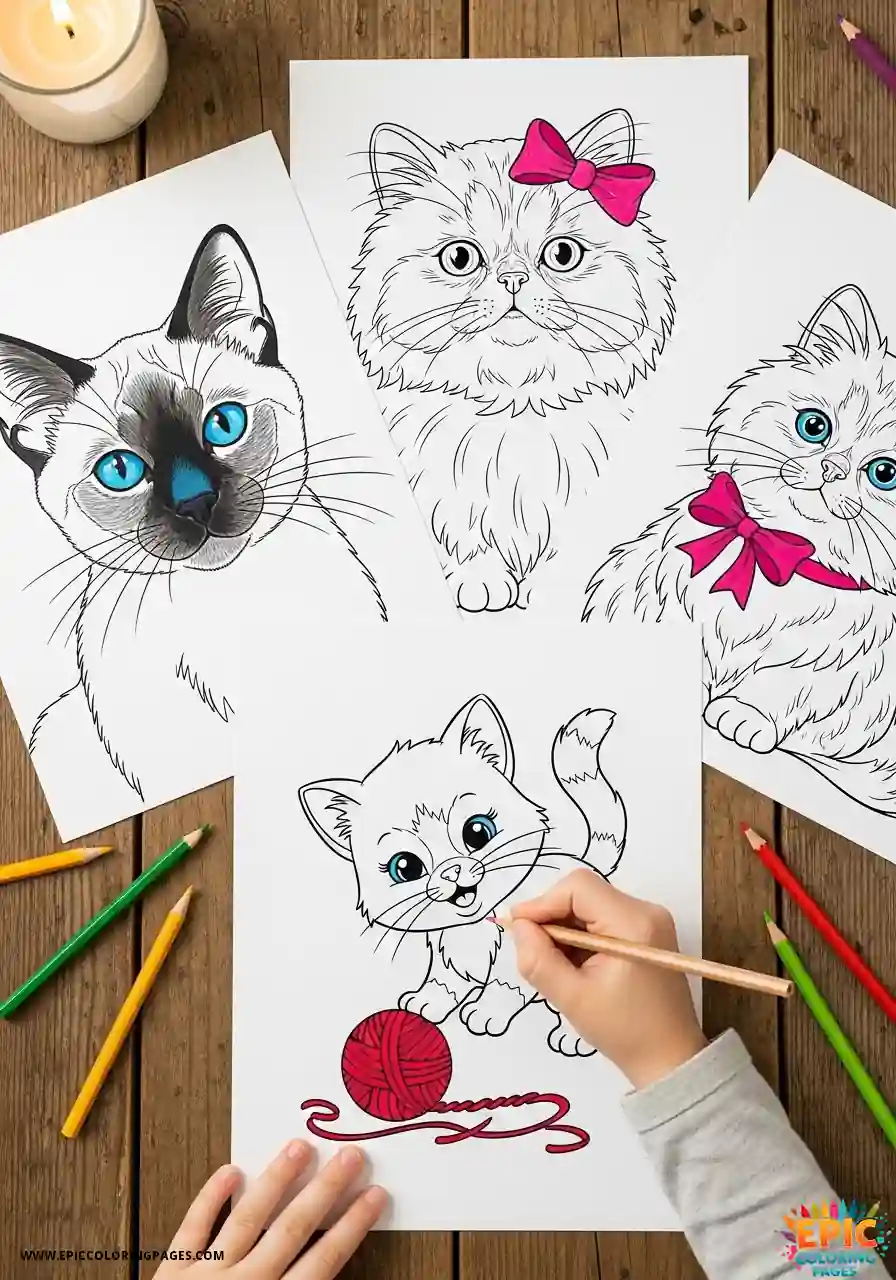 free printable cats coloring sheets collection featuring cute kittens and diverse breeds with thick lines for easy coloring on a wooden table
