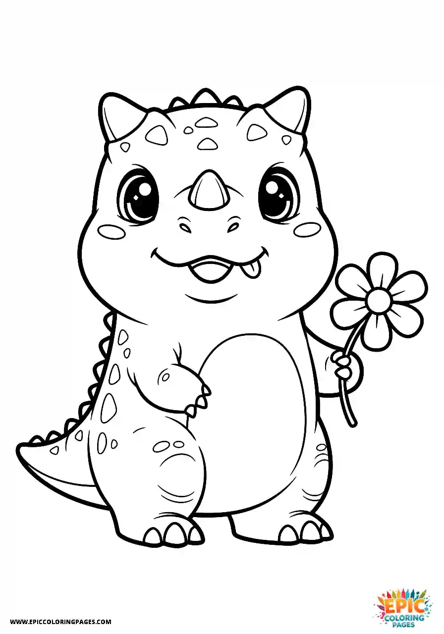A carnotaurus dinosaur holding a single flower free printable bold line