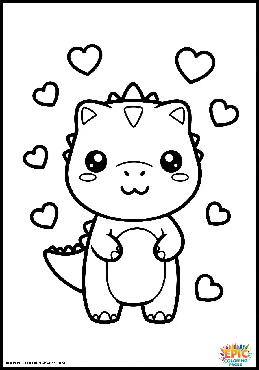 A romantic carnotaurus dinosaur scene with floating hearts coloring page cute
