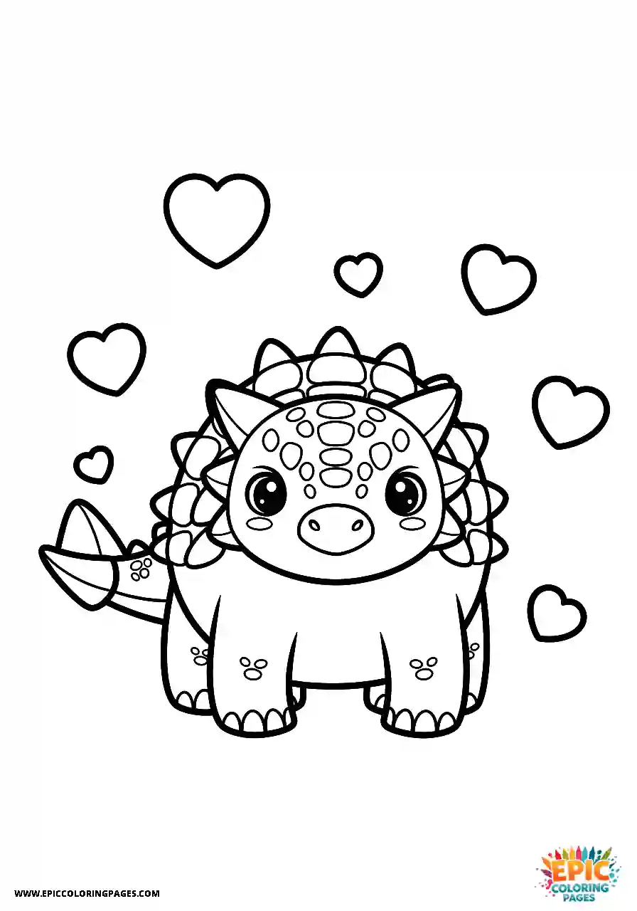 Ankylosaurus Adorable Kawaii Style Ankylosaurus Dinosaur Amidst Hearts with bold outlines