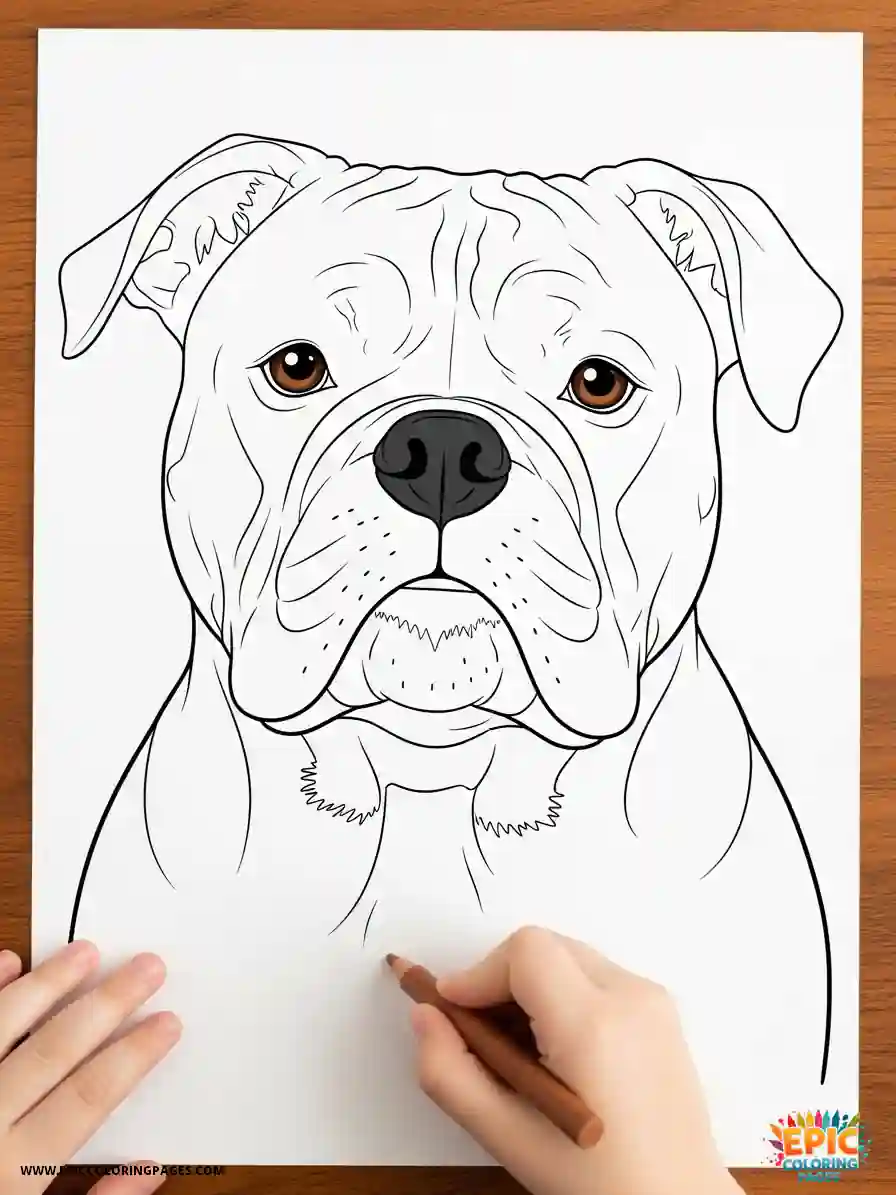American Bulldog coloring Page featuring a happy dog with thick lines