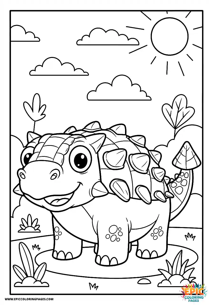 Ankylosaurus Amusing Cartoon Style Ankylosaurus Dinosaur Grinning Widely with thick lines