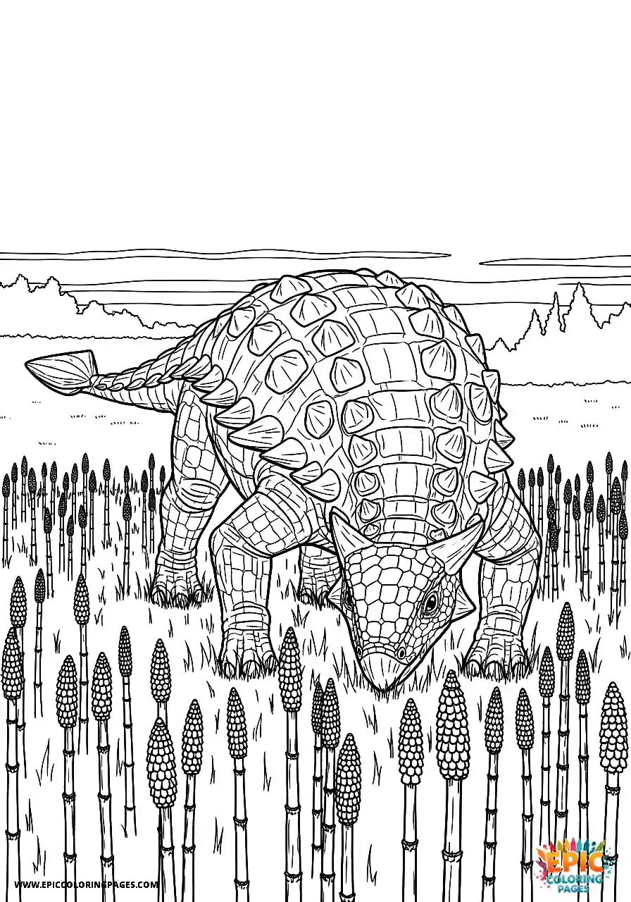 Ankylosaurus Ancient Realistic Style Ankylosaurus Dinosaur Standing In A Field Of Horsetails