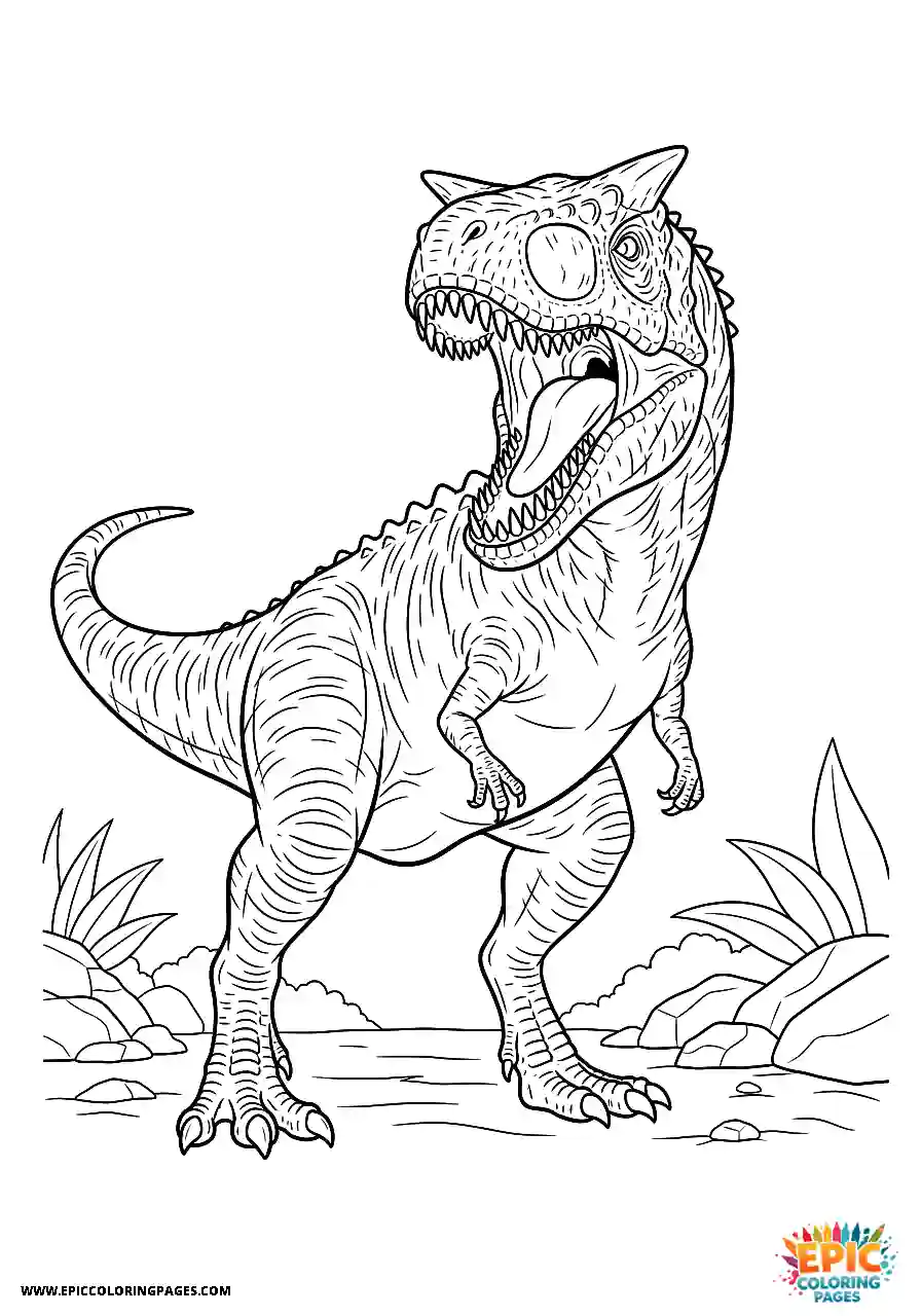 Anime style carnotaurus dinosaur showing its sharp teeth free printable bold line