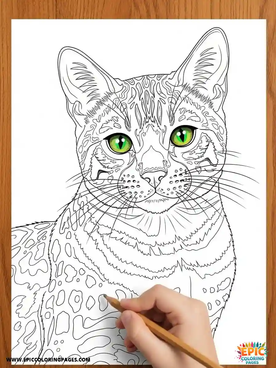 Bengal Cat coloring Page with thick lines showing a cute Bengal cat illustration ready for coloring