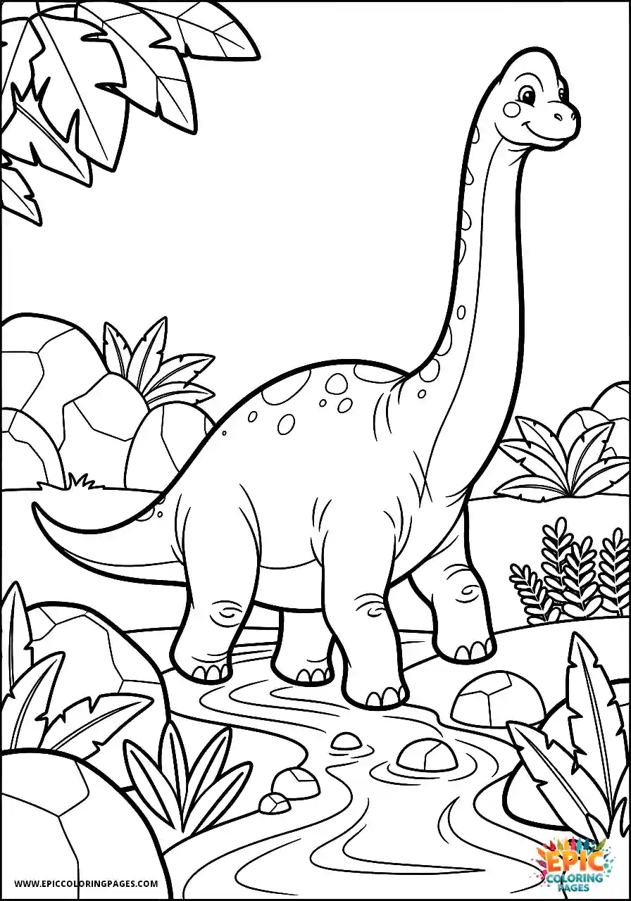Brachiosaurus brachiosaurus stepping carefully over a small stream