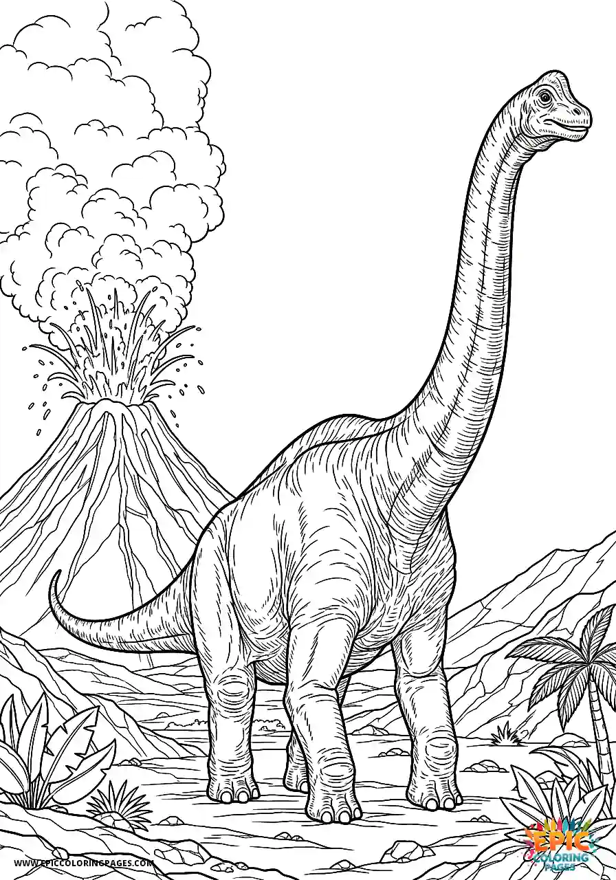 Brachiosaurus brachiosaurus wandering near a volcanic mountain
