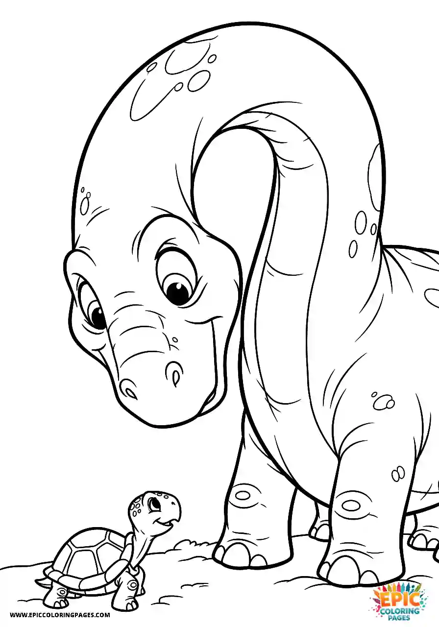 Brontosaurus Brontosaurus looking curious at a turtle