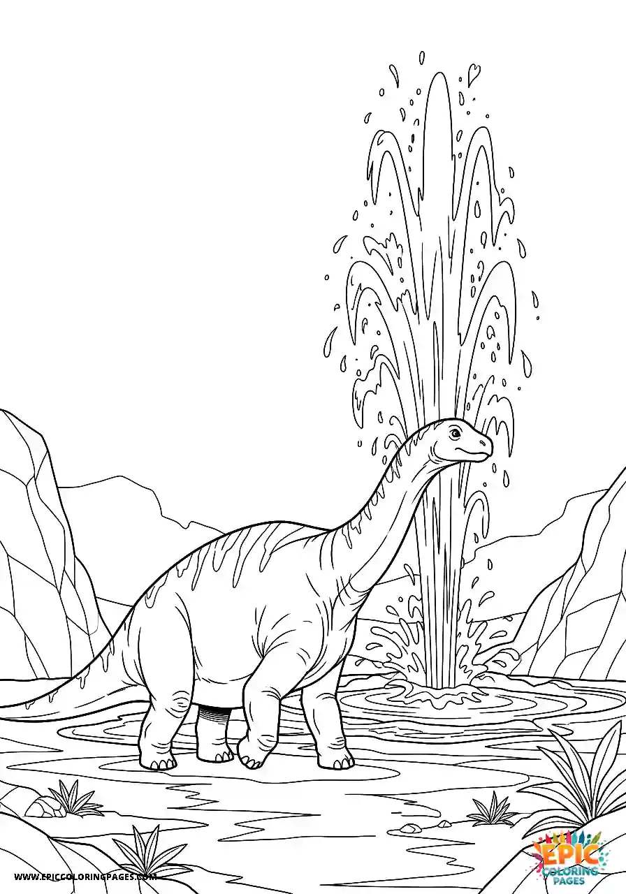Brontosaurus Brontosaurus walking past a geyser