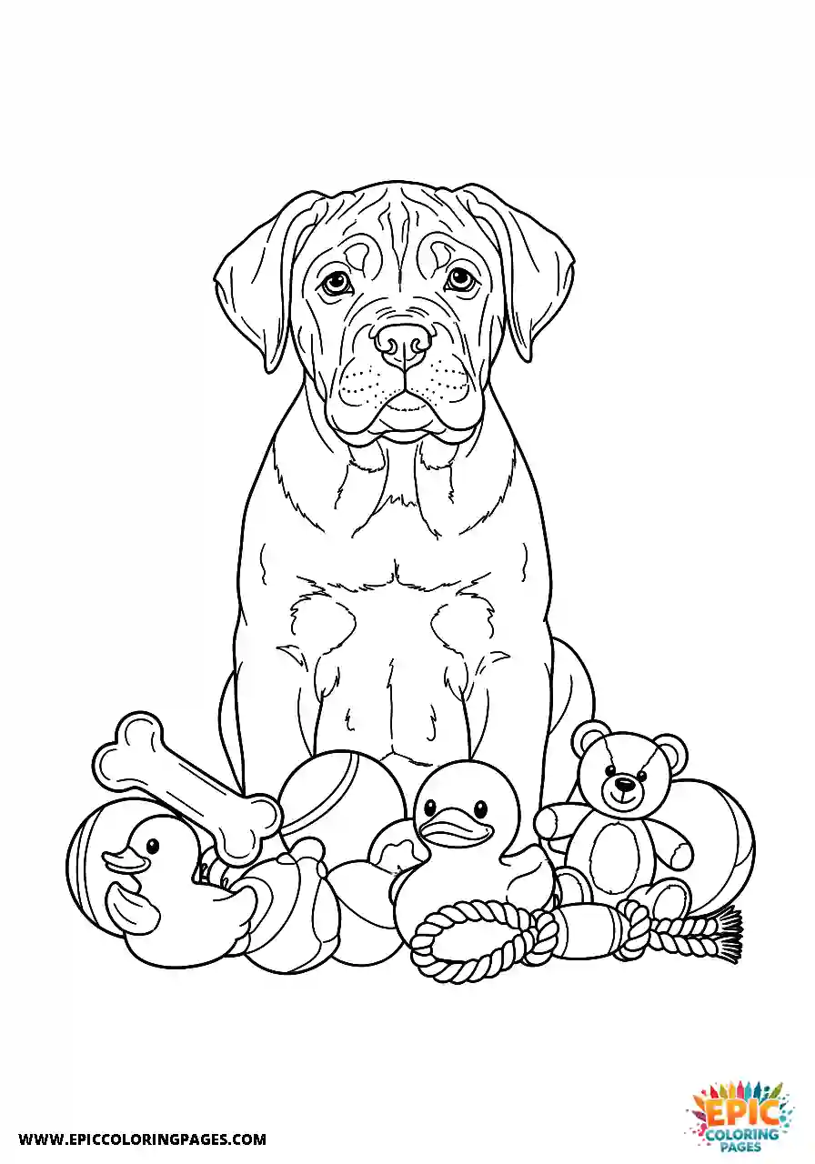 Cane Corso Dog Realistic Puppy In A Pile Of Toys For Adults Realistic Cane Corso dog puppy in a pile of toys for adults