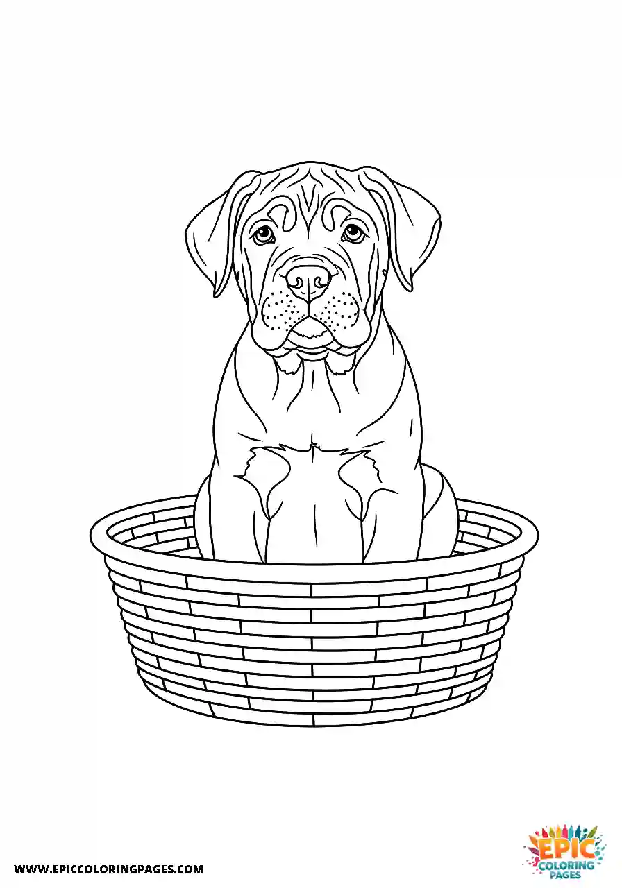 Cane Corso Dog Realistic Puppy Sitting In A Basket For Adults Cane Corso dog realistic puppy sitting in a basket for adults