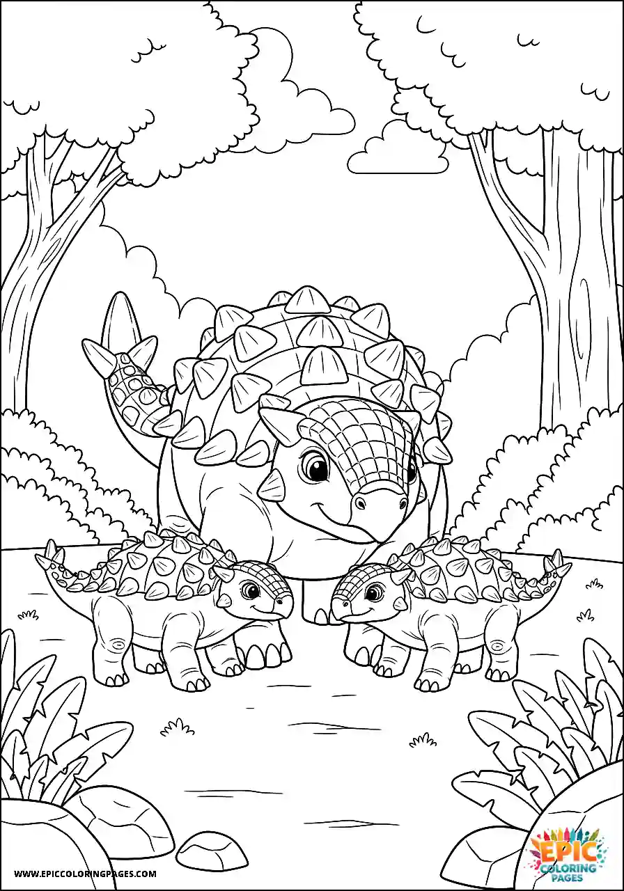Ankylosaurus Caring Animation Style Ankylosaurus Dinosaur Mother With Two Babies