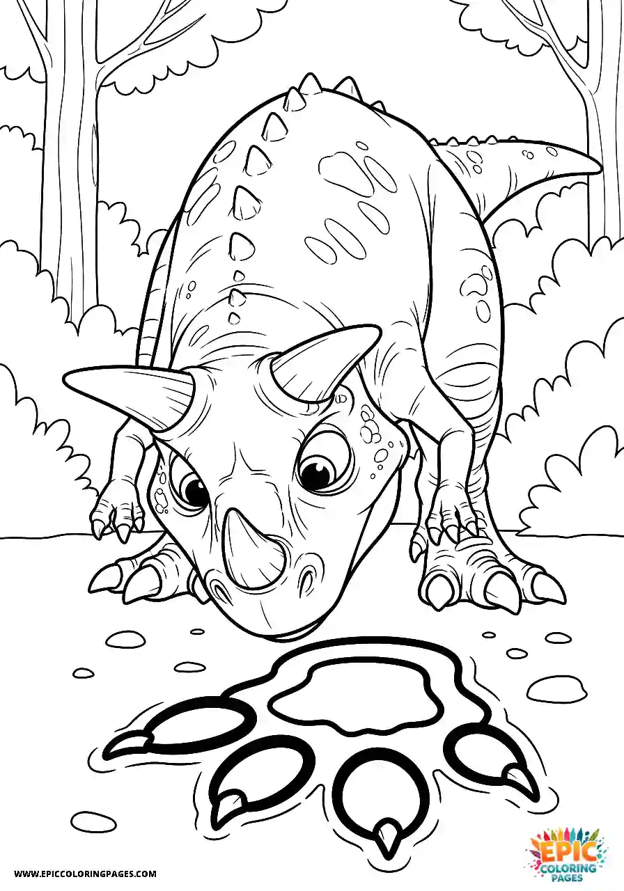 Carnotaurus dinosaur examining a large footprint coloring sheet for kids