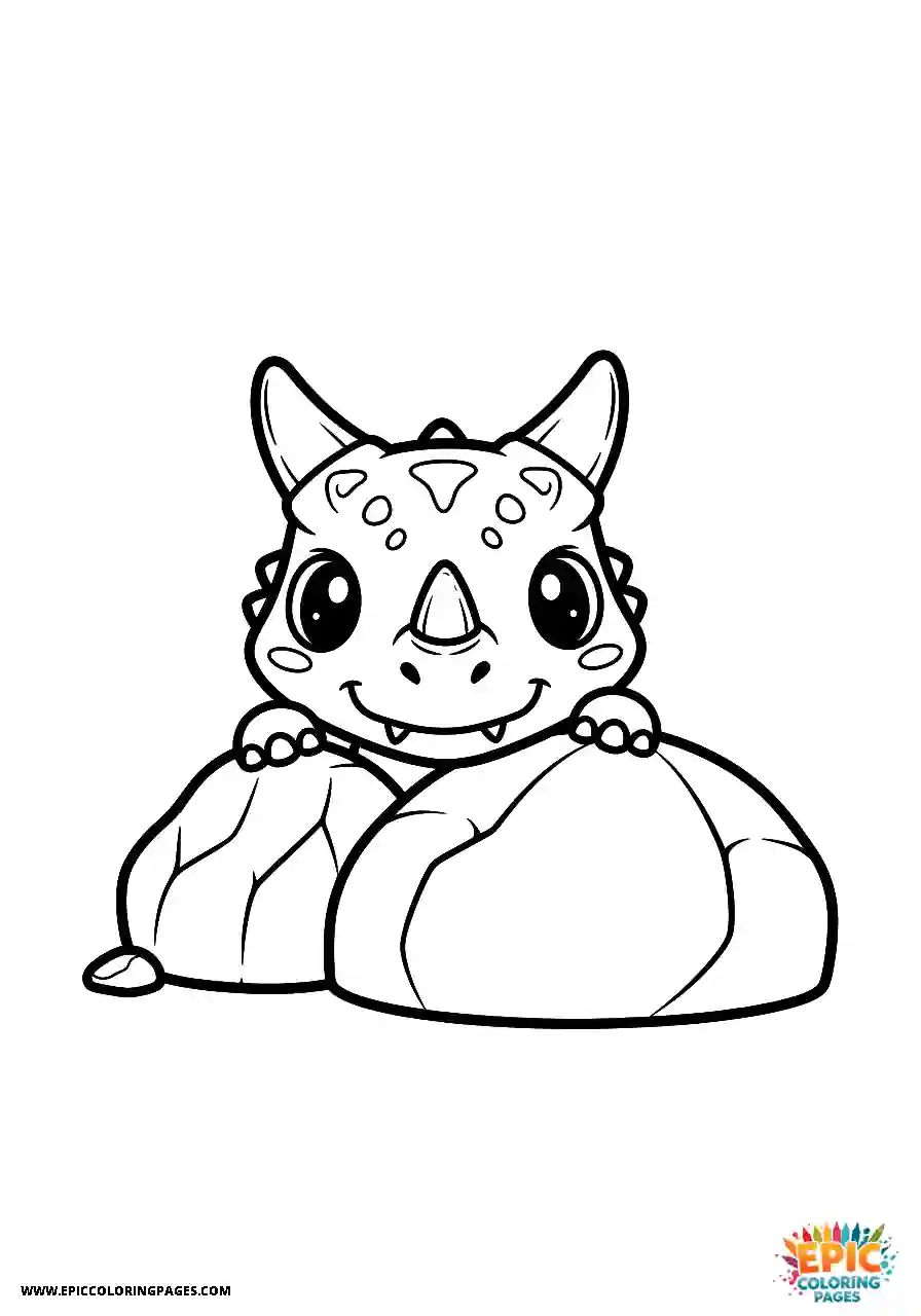 Carnotaurus dinosaur hiding behind a large rock coloring page cute