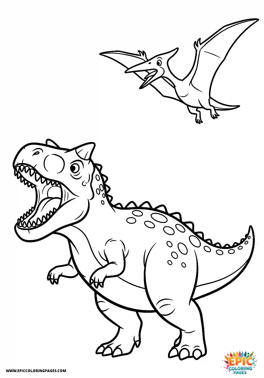Carnotaurus dinosaur roaring at a passing pterodactyl coloring sheet for kids
