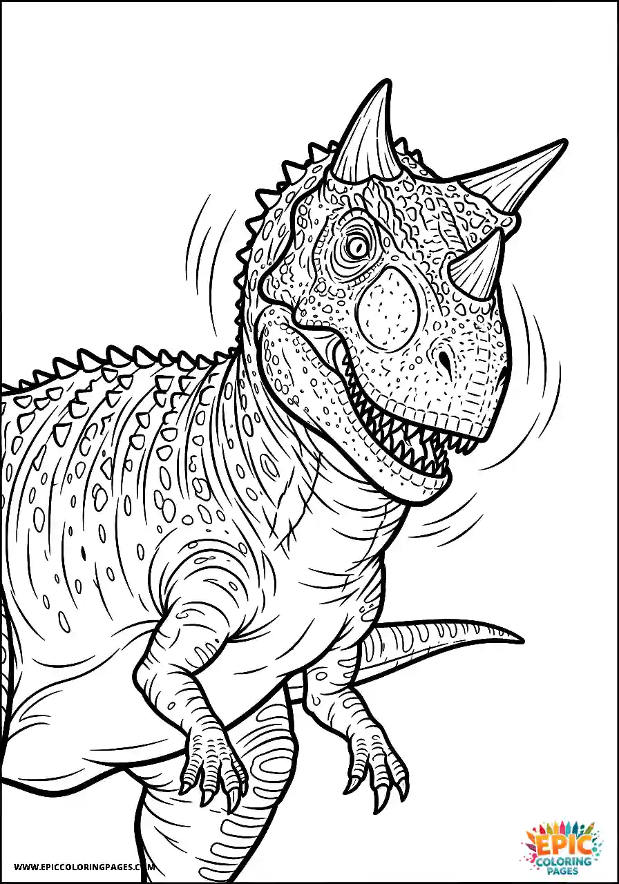 Carnotaurus dinosaur shaking its head with thick lines coloring page