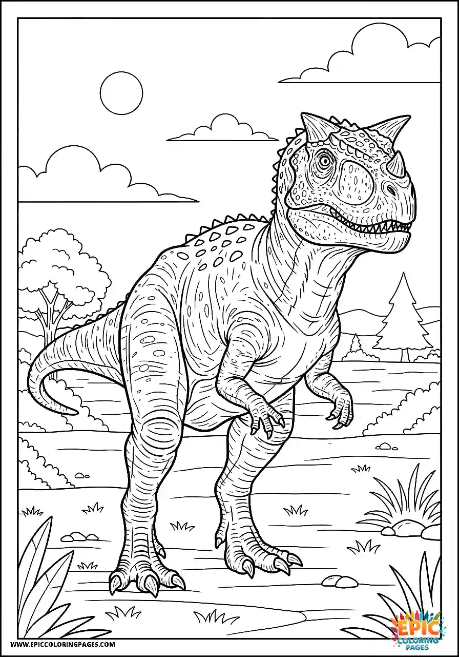 Carnotaurus dinosaur standing in a vast open field free printable for kids