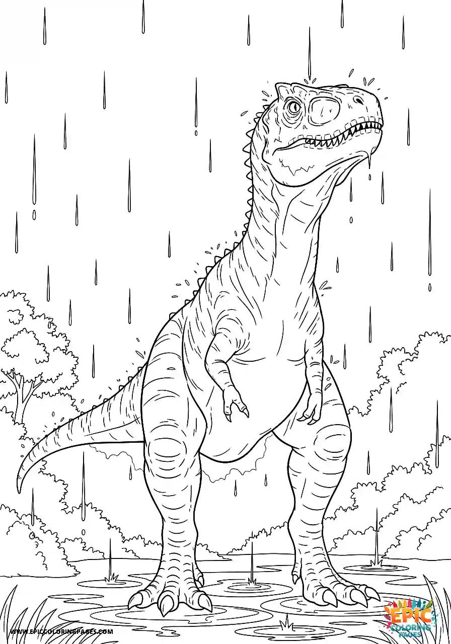 Carnotaurus dinosaur standing in the falling rain coloring sheet bold line