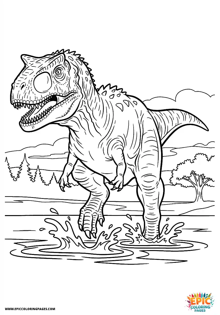 Carnotaurus dinosaur wading through shallow water coloring page bold line