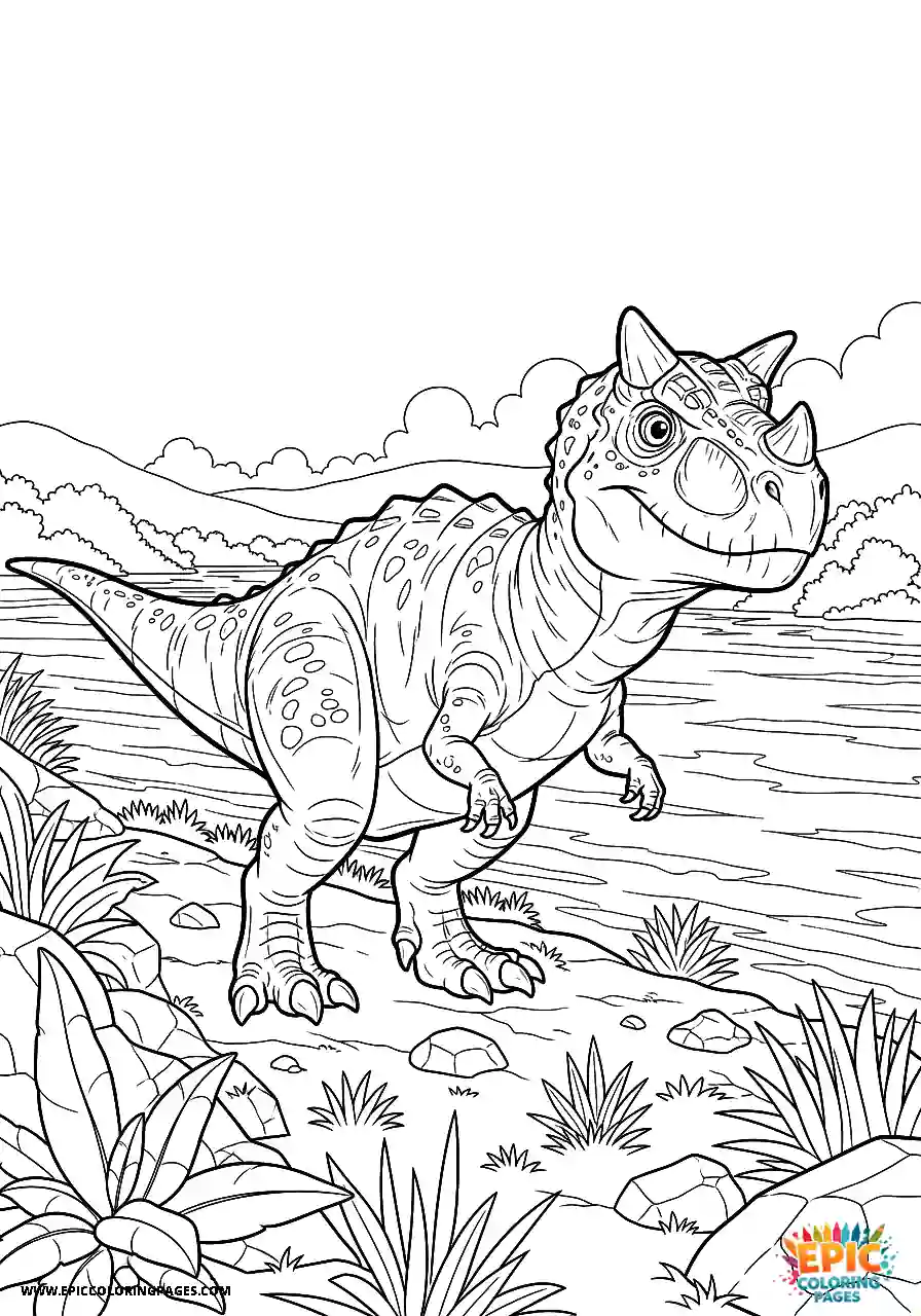 Carnotaurus dinosaur walking along a riverbank for adults free printable