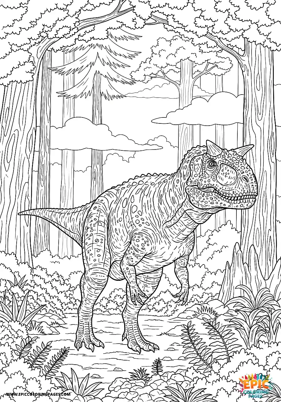 Carnotaurus dinosaur walking through a misty forest coloring page for kids