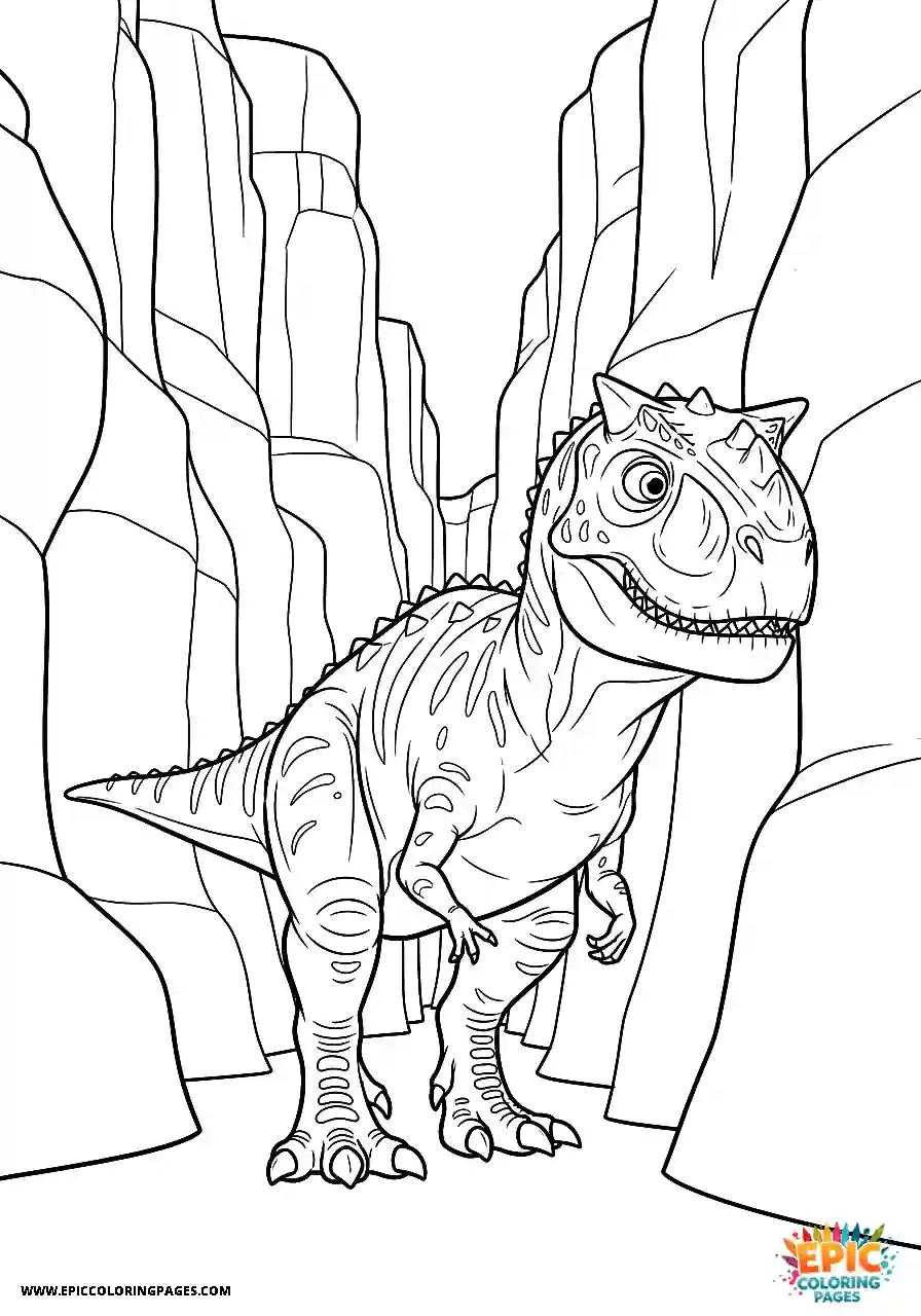 Carnotaurus dinosaur walking through a rocky canyon free printable bold line