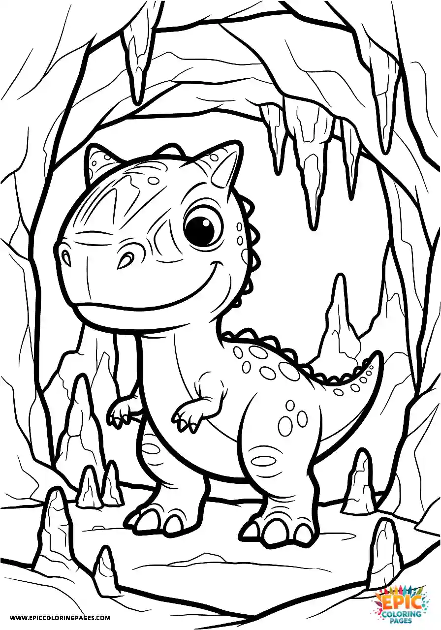 Cartoon style carnotaurus dinosaur exploring a cave coloring sheet for kids