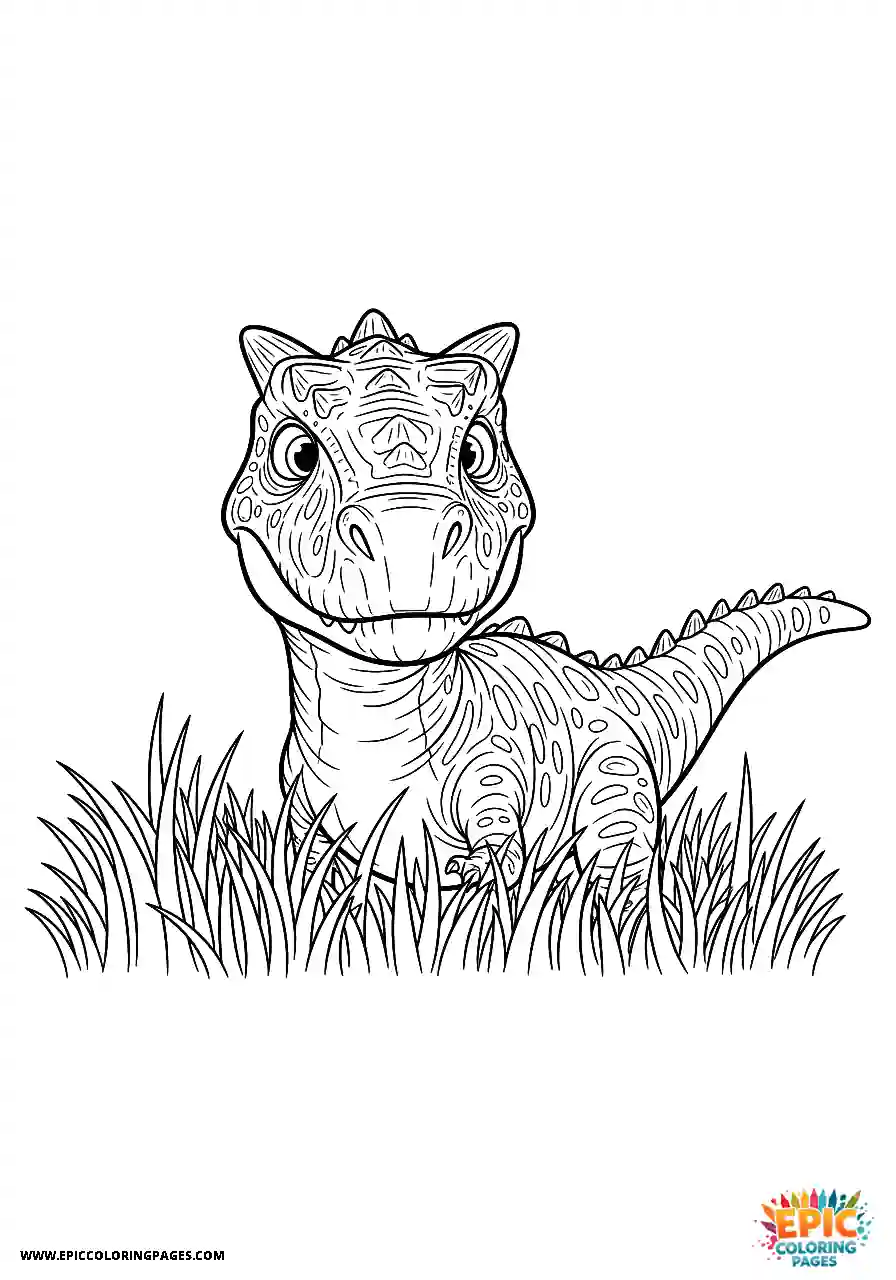 Cartoon style carnotaurus dinosaur hiding among tall grass free printable cute