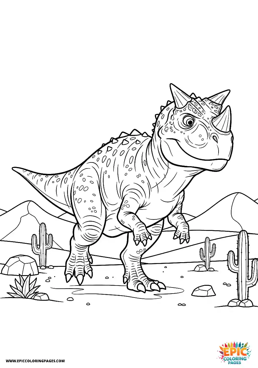 Cartoon style carnotaurus dinosaur trekking across a desert coloring sheet bold line