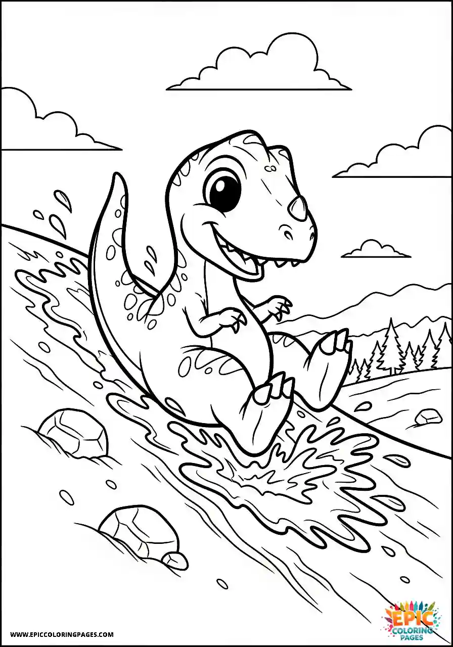 Ceratosaurus ceratosaurus anime style sliding down a muddy hill