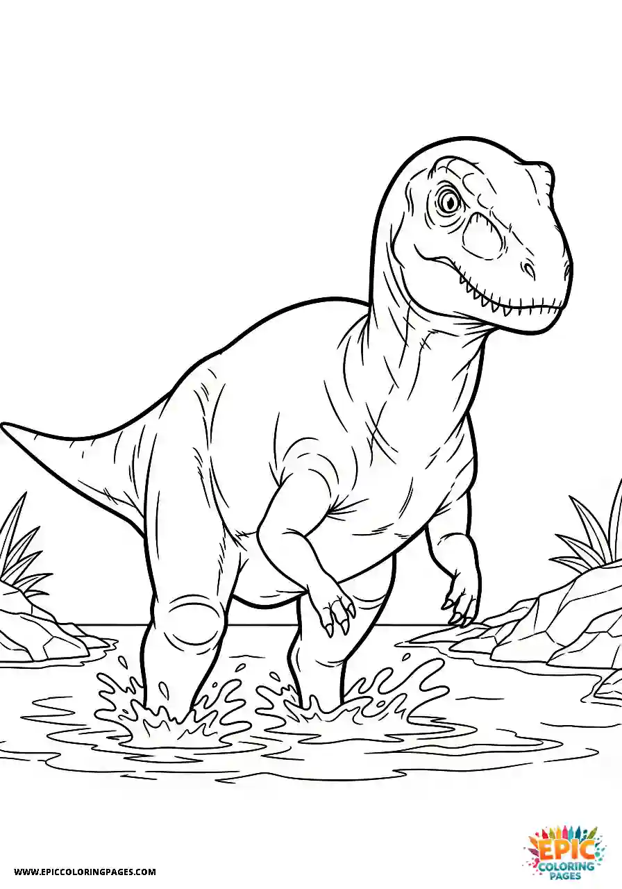 Ceratosaurus ceratosaurus anime style wading through shallow water