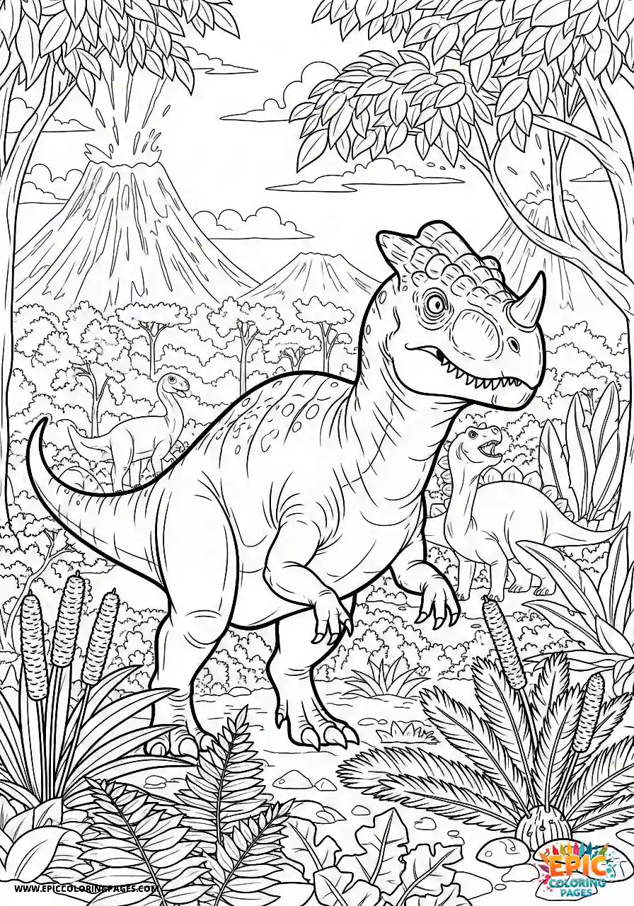 Ceratosaurus ceratosaurus cartoon style in a prehistoric garden