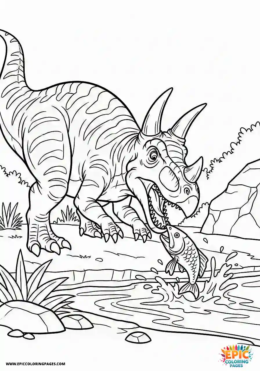 Ceratosaurus ceratosaurus cartoon style trying to catch a fish