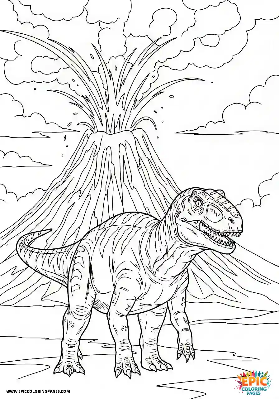 Ceratosaurus ceratosaurus with a volcano erupting in the background