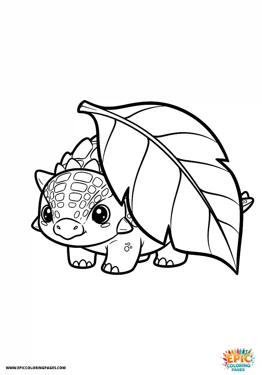 Ankylosaurus Concealed Kawaii Style Ankylosaurus Dinosaur Back Of A Leaf with bold outlines