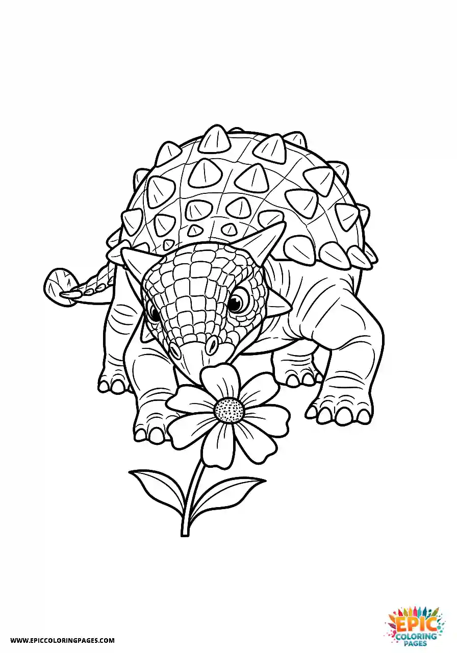 Ankylosaurus Curious cartoon style Ankylosaurus dinosaur sniffing a large flower bold outlines