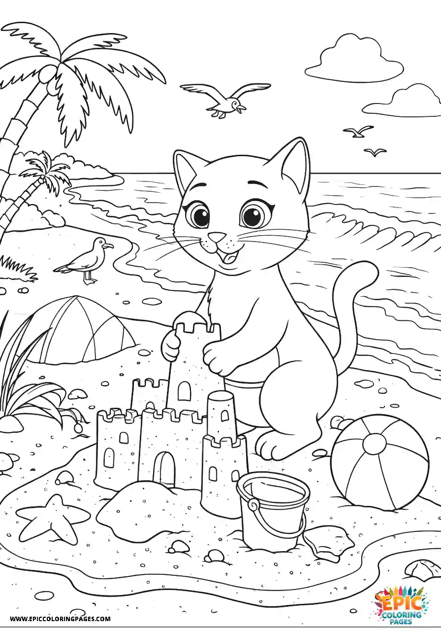 Russian Blue Cat The cute animation style Russian blue cat building a sandcastle on the beach