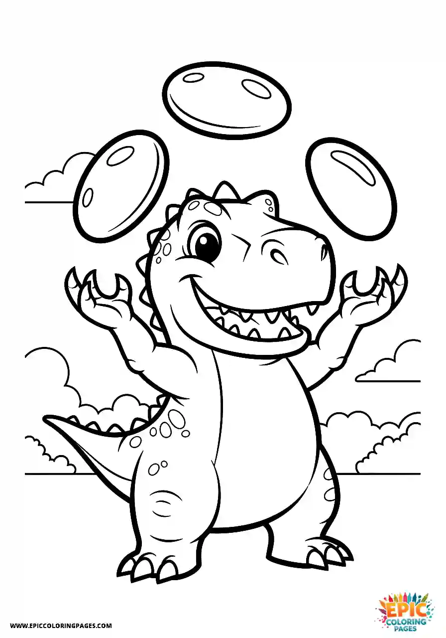 Cute carnotaurus dinosaur juggling rocks coloring page for kids