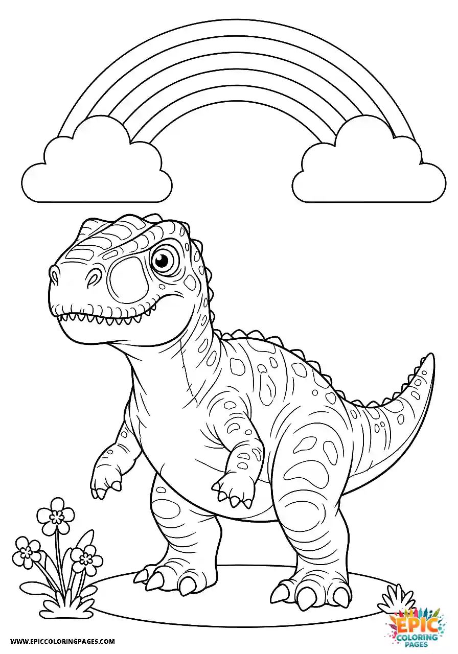 Cute carnotaurus dinosaur standing beneath a rainbow coloring page