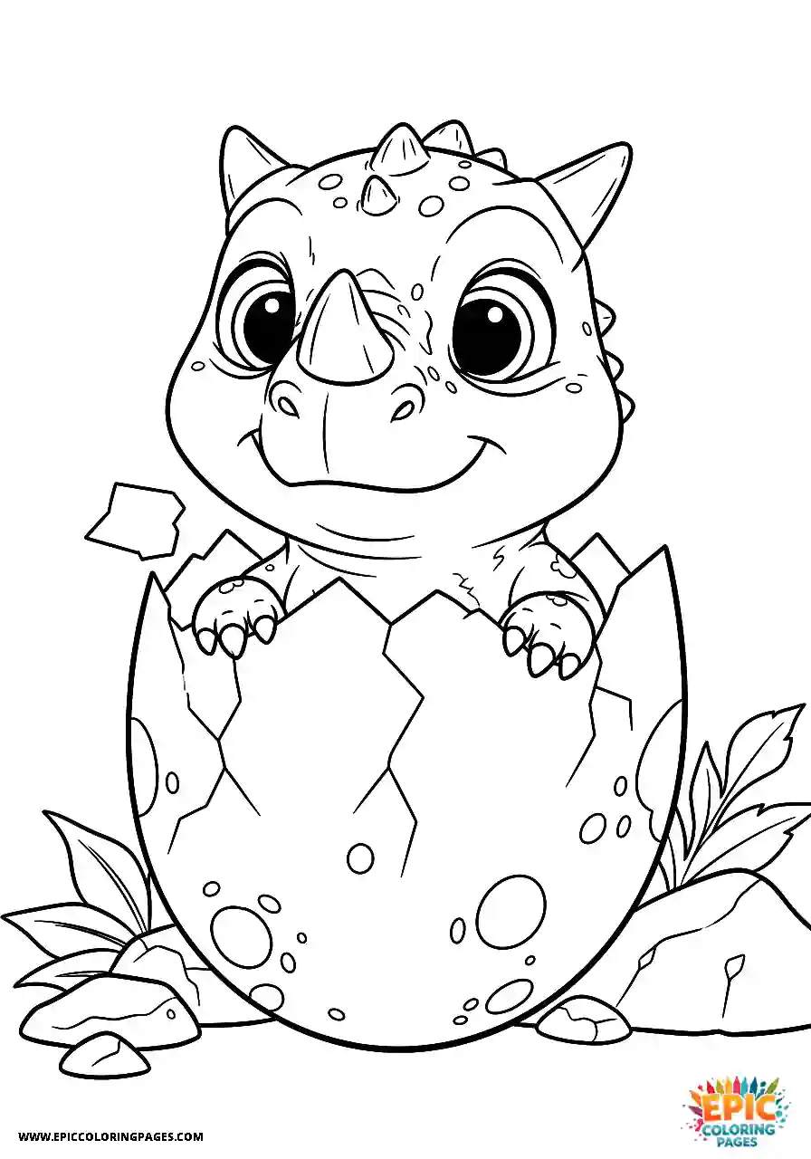 Cute cartoon style baby carnotaurus dinosaur hatching with thick black lines coloring sheet