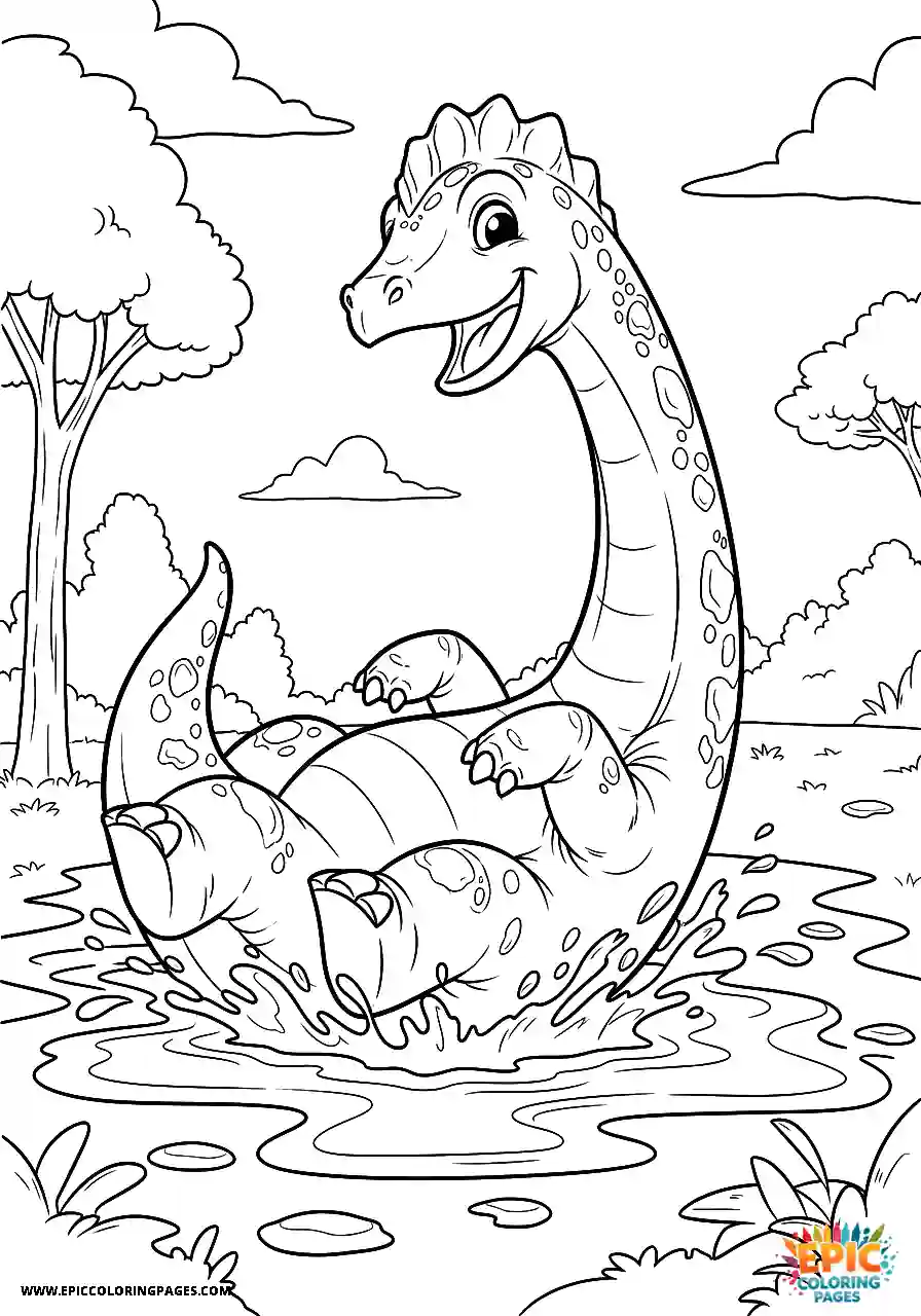 Diplodocus cute diplodocus anime style rolling happily in a mud puddle