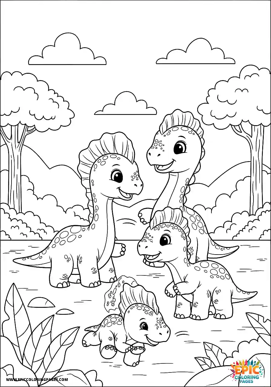 Diplodocus cute diplodocus chibi style chasing siblings in a game of tag